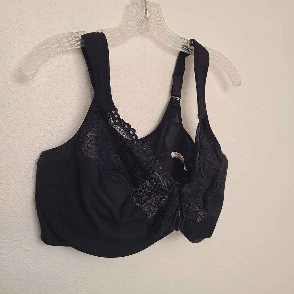 Glamorise 46D Black Lace Nylon Front Closure Bra Wide‎ Strap Comfort Unlined